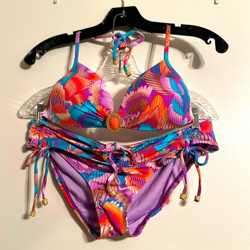 Daniel Cremieux Purple and Orange Bikini Set with Bandeau Top, New without tags